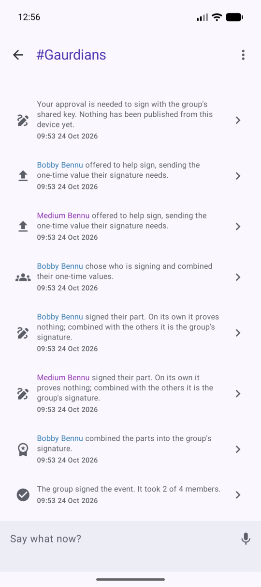 A group chat in Bennu where each member's part of a signature is recorded, ending with: the group signed the event, it took 2 of 4 members