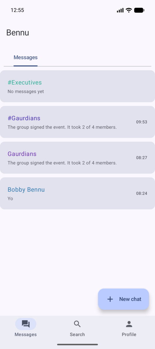 Bennu's message list, showing group conversations and a direct message