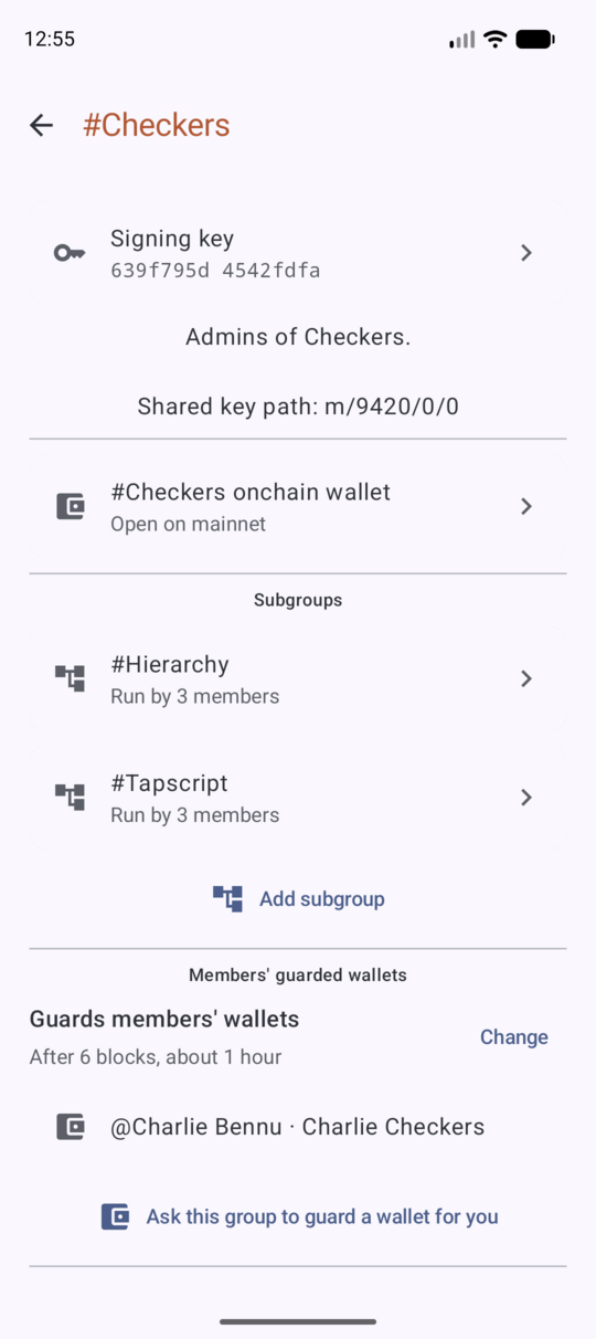A group's screen in Bennu, listing its signing key, its on-chain wallet, its subgroups and the member wallets it guards after six blocks