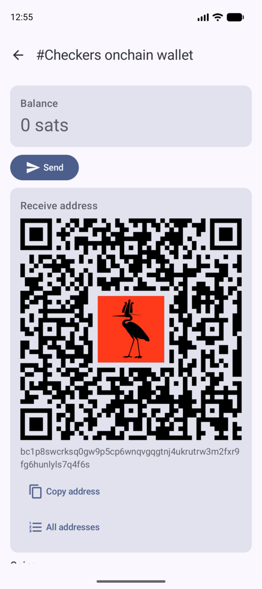 A group's on-chain wallet in Bennu, with its balance, a receive address and its QR code